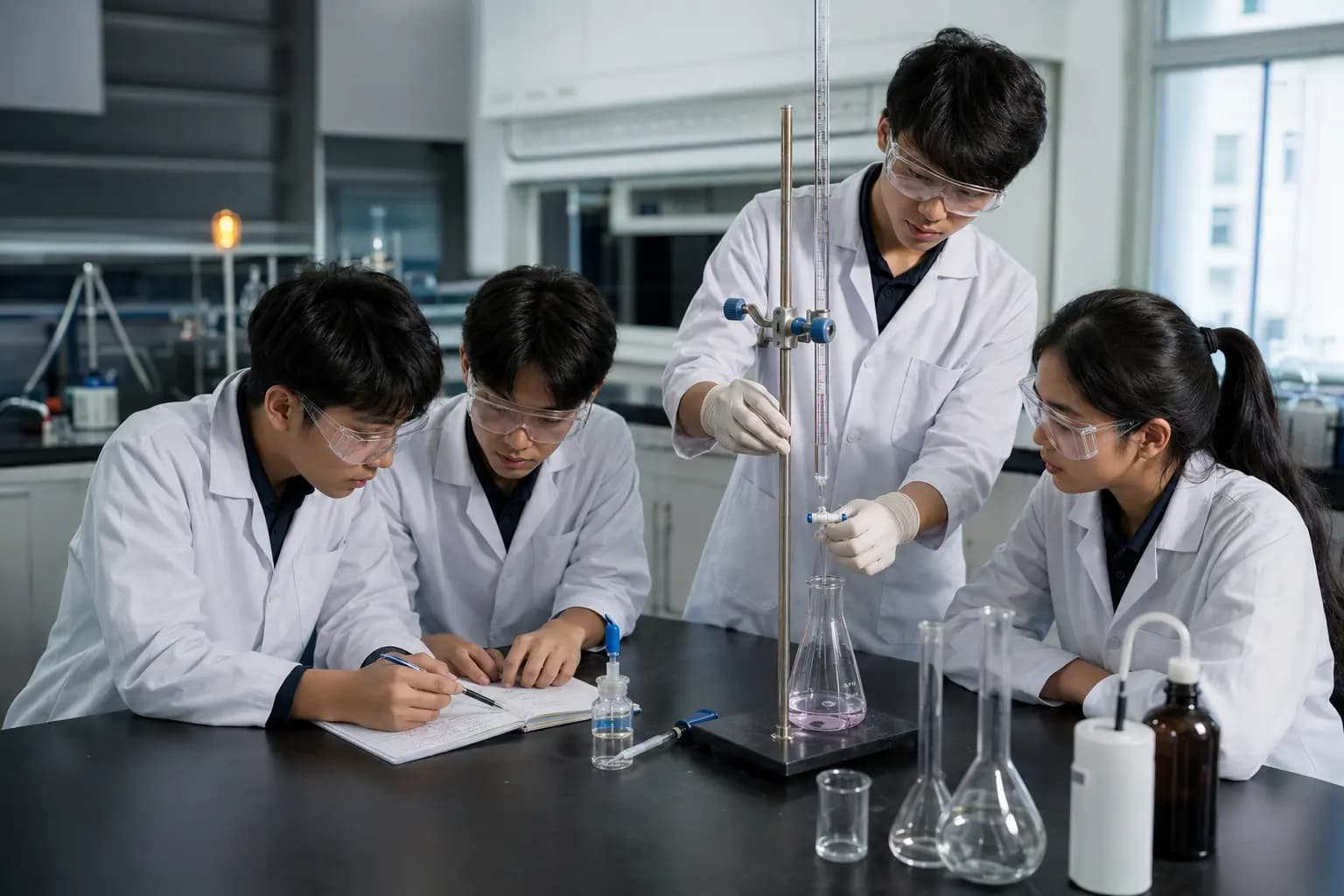 นักเรียนมัธยมปลายร่วมกันทำการไทเทรตในห้องปฏิบัติการเคมี
