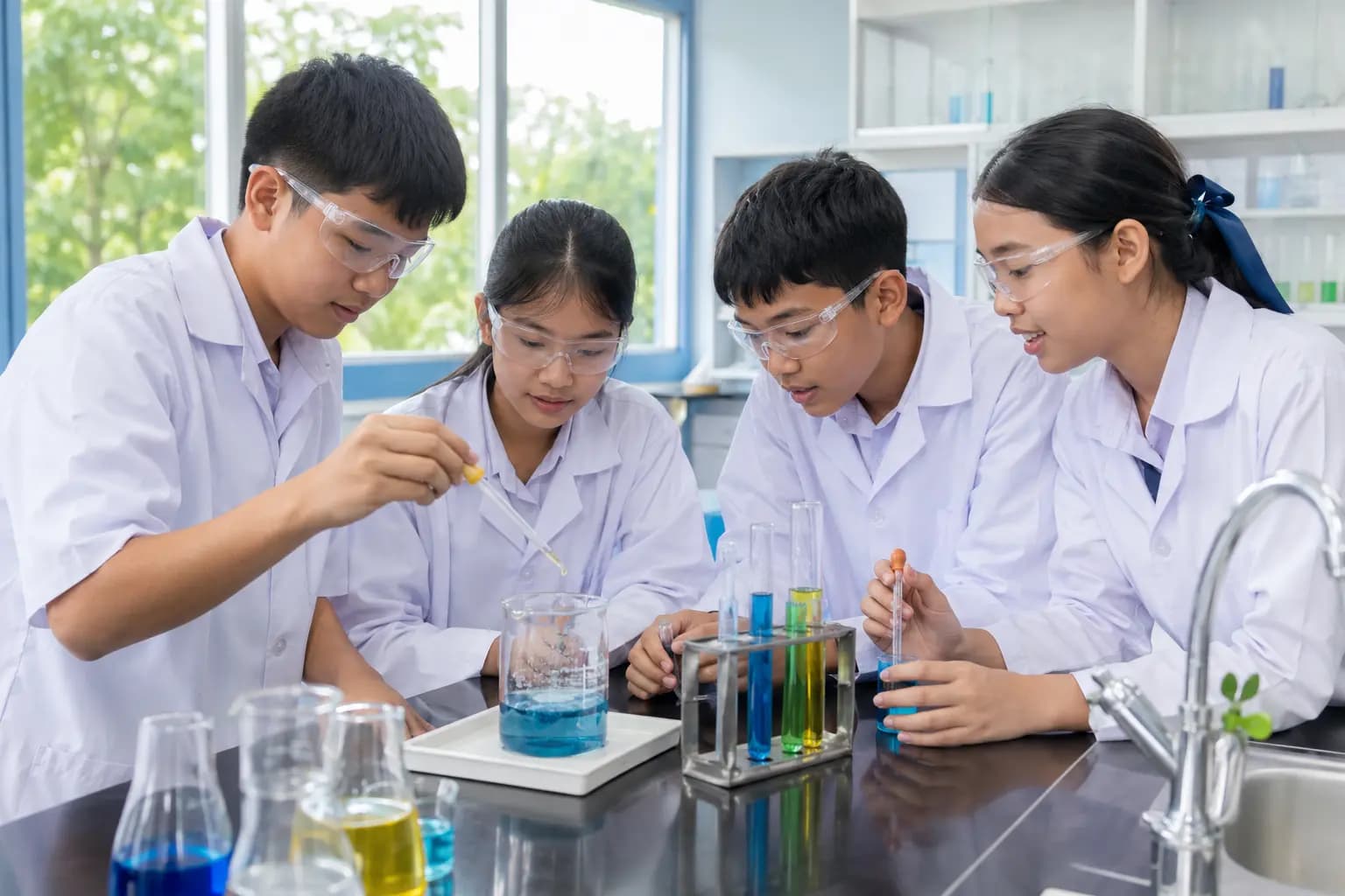 นักเรียนมัธยมต้นร่วมกันทดลองการเปลี่ยนสีของสารในห้องปฏิบัติการ